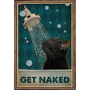 Shower Cat Retro Metal Tin Sign, Black Cat Undress Shower Soap Bubble Poster Vintage Toilet Cave Bar Home Bathroom Wall Decoration Sign 8X12 Inches