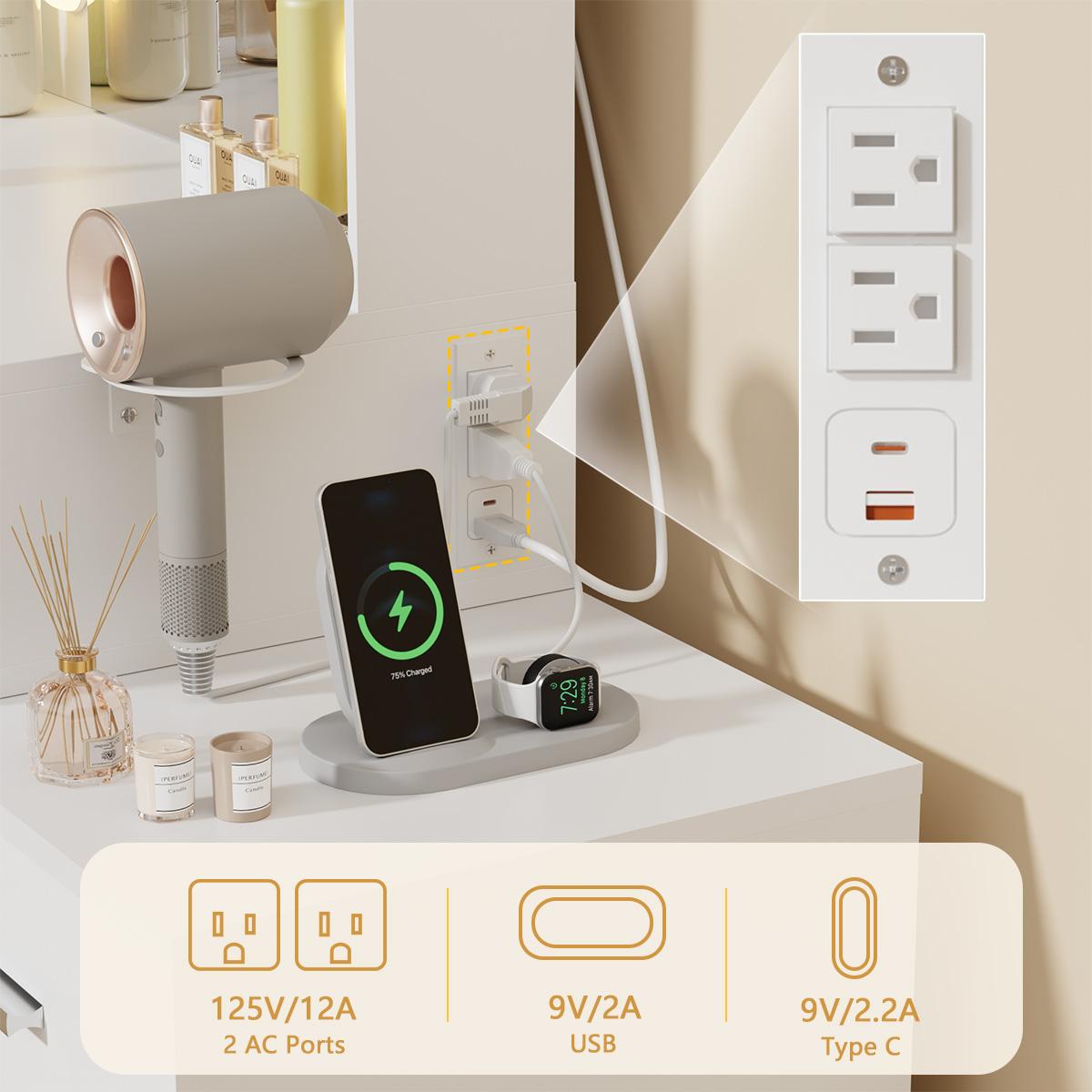 FURMAX Makeup Vanity Desk with Mirror and Lights, Vanity Table with Charging Station & Hair Dryer Holder, Dresser with 5 Drawers & Storage Shelves for Bedroom FURMAX Makeup Vanity Desk with Mirror and Lights, Vanity Table with Charging Station & Hair Dryer Holder, Dresser with 5 Drawers & Storage Shelves for Bedroom