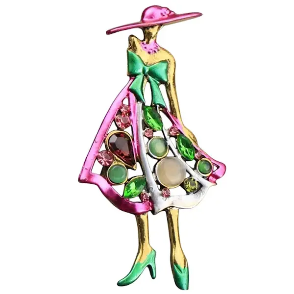 Rhinestone Sisterhood Pin Brooch:  Pink & Green Crystal Silhouette