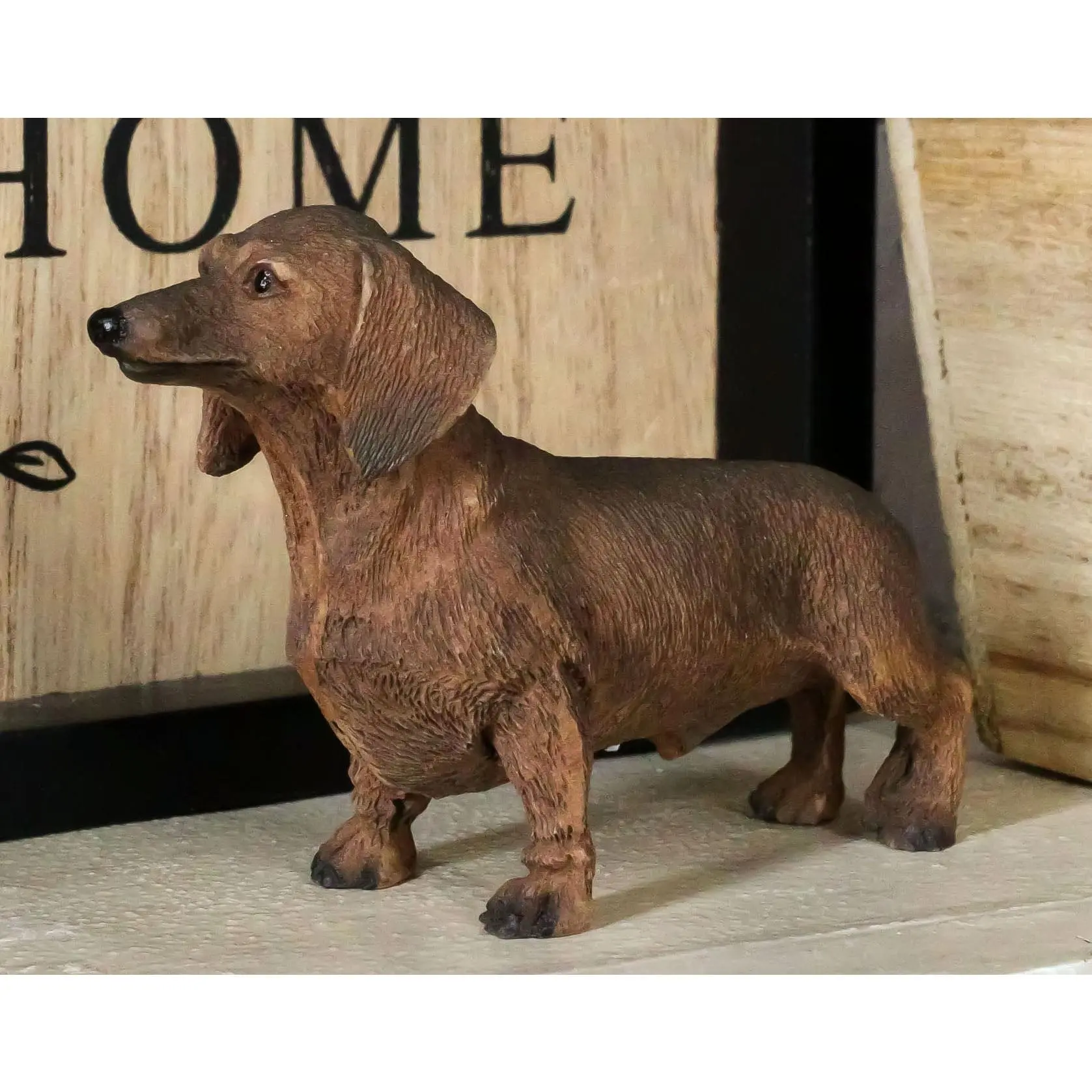 Lifelike Resin Chocolate Dachshund Sausage Dog Miniature Standing Figurine - Handcrafted Lighthearted Accent Sculpture for Desktop, Countertop Home Decor & Supplies