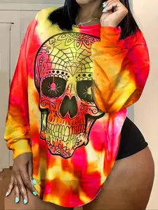 Women's Halloween Skull Print Round Neck Long Sleeve Sweatshirt, Casual Fit, Comfortable Fashion Design, Daily Wear Preferred