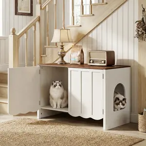 HOOBRO Cat Litter Box Enclosure, 31.5" Hidden Litter Box Furniture with Wavy Panels & Side Entry, Push-to-Open Doors, Litter Box Cabinet, Living Room End Side Table, Cloud White and Walnut