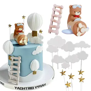 15pcs pilot bear cake toppers Bears fly the plane with clouds stars ladder for kids happy birthday cake decoration baby shower First Birthday