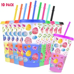 10pcs/24oz/710ml/Plastic Tumblers,Color Changing Cups With Lids And Straws,Water Bottle,Iced Coffee Cups, Easter Egg Pattern Perfect For Family And Friend Gatherings,Ideal choice for birthday celebration,Valentine's Day Gifts,Easter gifts