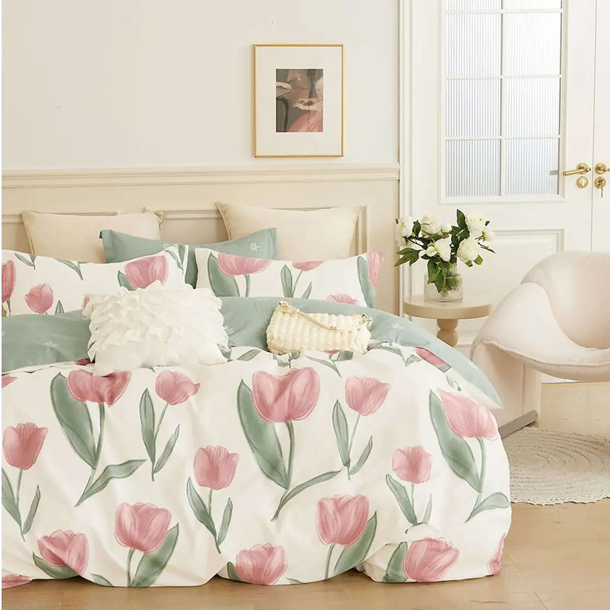 Say Yes BeddingEmily Pink Tulip 100% Cotton Comforter Set a comforter and two pillow shams
