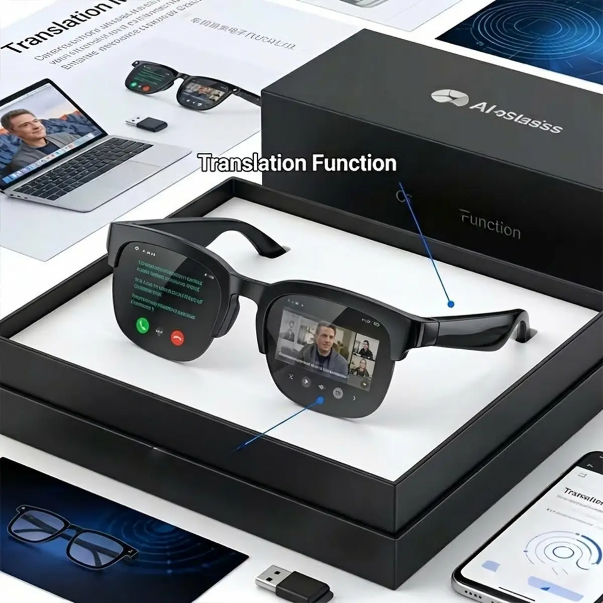 2026 New Model AI Smart Glasses, Multi-Functional Cutting-Edge Technology Conference Simultaneous Real-Time Translator, Configure Chat Assistant And Listening To Music And Making Calls.