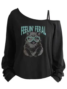 Plus Size Women's Loose-Fit Long Sleeve Cami Top, Asymmetrical Neckline, Letter Print, All Seasons, Sizes 1-8xl