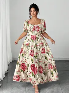 Plus Size Women's Square Neck Floral Waist Dress, Bubble Sleeve A-Line Dress, European Style Country Resort Dress, Casual Wear, Feminine, Summer
