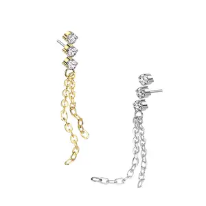 20G/18G/16G Long Dangle Chain Stud • Threadless Flat Back Studs • Push Pin Labret • Flat Back Earring • Tragus Stud • Flat Back Upper Ear Stud • Helix Stud • Ear Cartilage Stud • Threadless Earring • Dangle Stud • Implant Grade Titanium • Silver • Gold