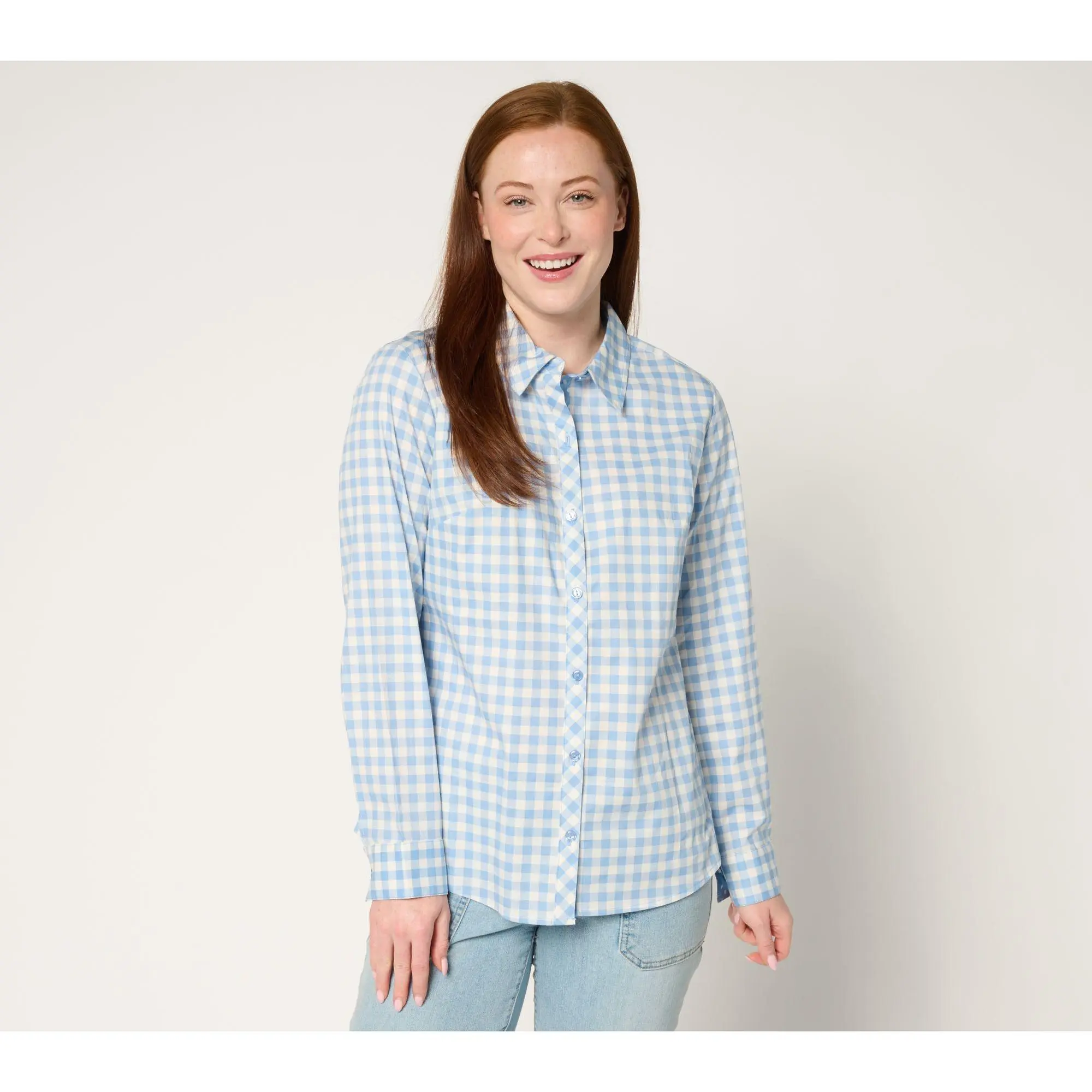 Denim & Co. Gingham Poplin Top with Contrast Print