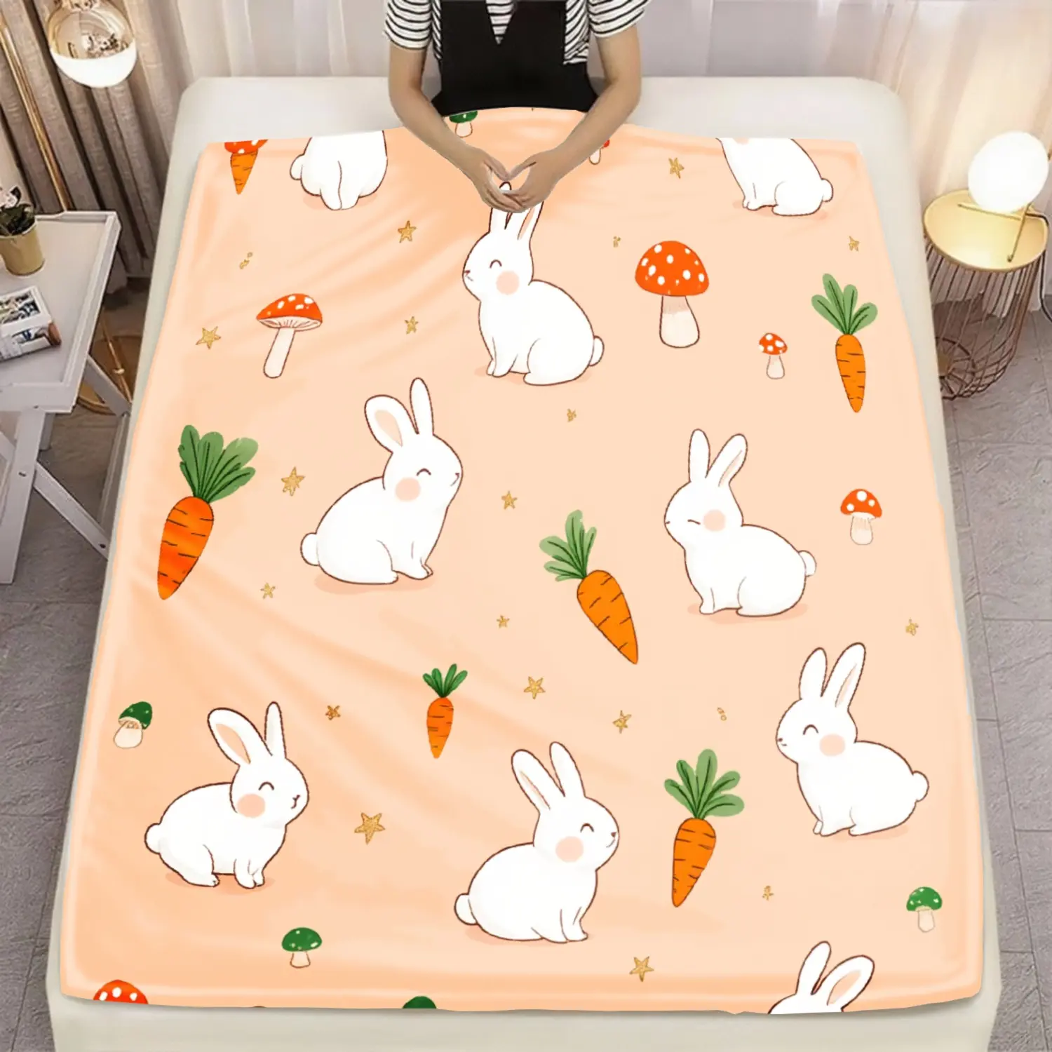 Cute Cartoon Bunny Rabbit Carrot Mushroom Print Flannel Blanket - Soft, Cozy, Warm, Fuzzy Plush Throw, Easter Gift, Ideal for Kids Rabbit Lovers, Nursery Bedroom Decor