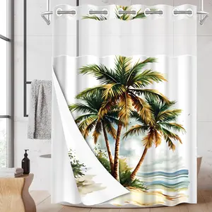 1PC 2D Flat Watercolor Palm Tree Coastal Shower Curtain, Beach Ocean View Design, Room Decor, Waterproof & Detachable Liner, Bathroom Curtain (No Hooks)