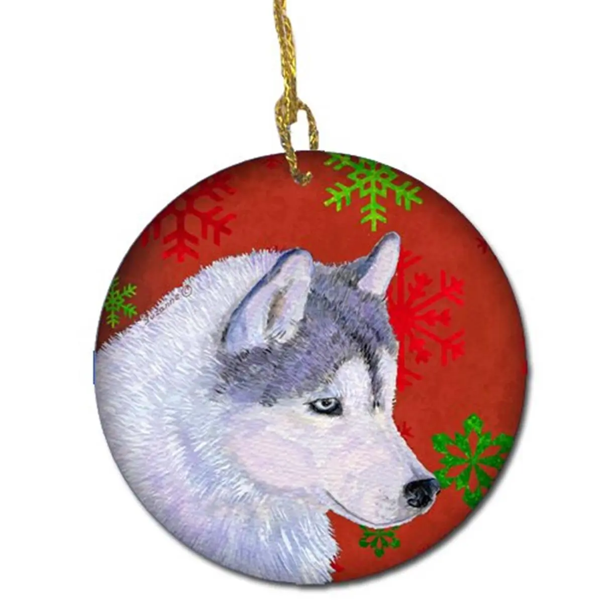 Customizable Light-Weight Siberian Husky Ceramic Ornament - Red Snowflakes, Paint, Corded, Decorative, 2.81x0.15x2.81in Christmas Decoration, Personalizable Home Supply, Ideal Heirloom Gift