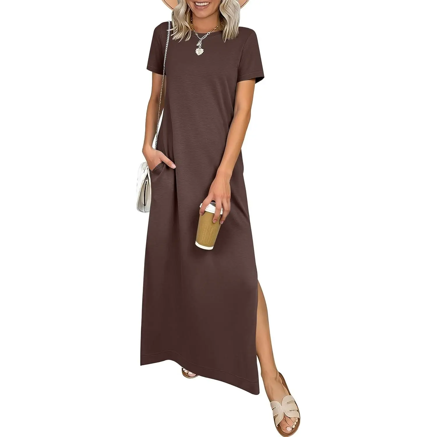 ANRABESS Womens Flowy Summer Maxi Dress Short Sleeve Crew Neck Split Hem Wrinkle-Free Long Sundress for Travel Beach Vacation Fit Casual