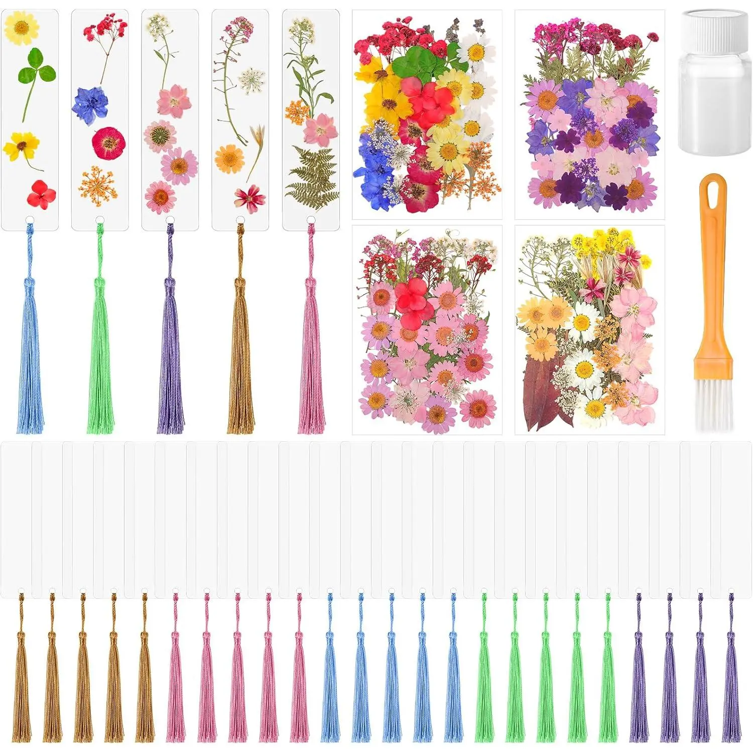 190 count Pressed Flower Bookmark Making Kit, 24 Clear  Bookmarks with Tassels 140 Dried Floral with Adhesive Tools for Scrapbooking DIY Craft Gifts(Rustic)