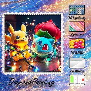 5D-DIY, premium velvet canvas, diamond art, diamond painting kit Pikachu, Bulbasaur, colorful lights AB diamonds, fairy dust diamonds, crystal diamonds, perfect home decoration, handmade diamond art painting kit, special craft diamond art kit.