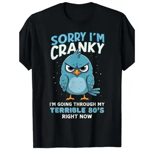 LocalSorry Men's Funny 80s Vintage T-Shirt "Sorry I'm Cranky I'm Going Through My Terrible 80's" Retro Graphic Tee with Grumpy Blue Bird 180g Heavyweight Cotton Regular Fit Shortsleeve Shirt for 80s Themed Parties &  Tshirt Streetwear Crewneck
