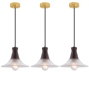 3Pack Vintage Farmhouse Glass Pendant Light Fixture 9 Inch Industrial Clear Ceiling Hanging Light with Walnut Wood lamp Holder for Kitchen Island Hallway Bar Dining Room Bedroom Foyer