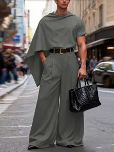 INCERUN Men Sets Solid Short Sleeve Irregular T Shirt Ponchos & Wide Leg Pants Two Pieces Sets Streetwear Fashion Men's Suits Clothes