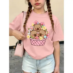 1pc Girls' Loose Round Neck T-Shirt, Cute Capybara & Floral Basket Pattern, Soft & Comfortable Fabric, Suitable For Daily Play, Casual Outings And Sweet Spring/Summer Gatherings