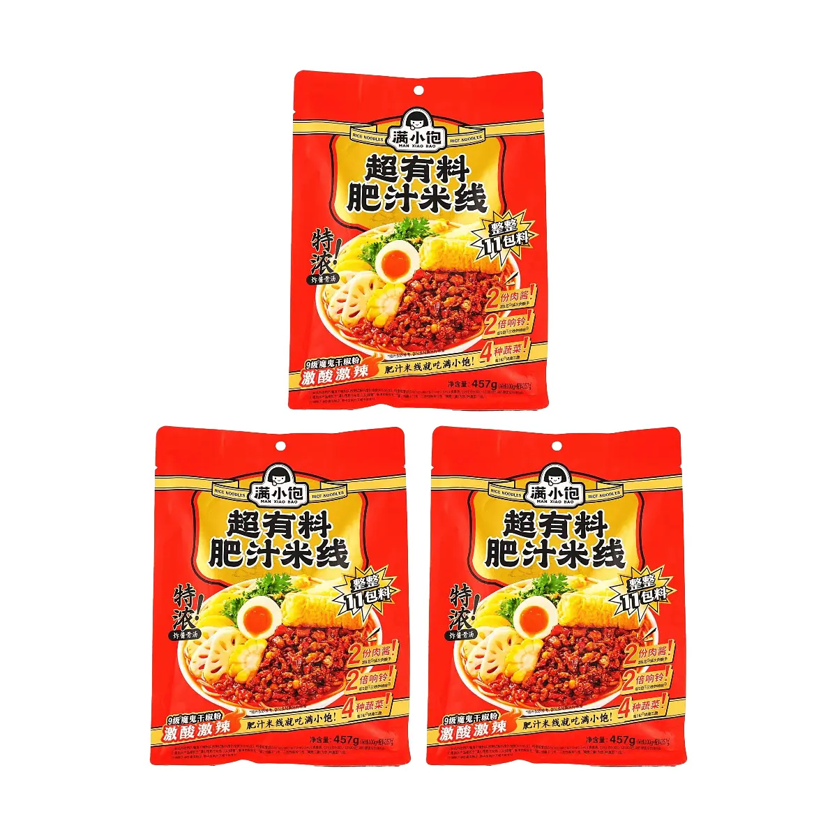ManXiaoBao Super Loaded Fat Noodle Rice Noodles 457g x 3 Pack - Double Ingredient Packs for Ultimate Flavor