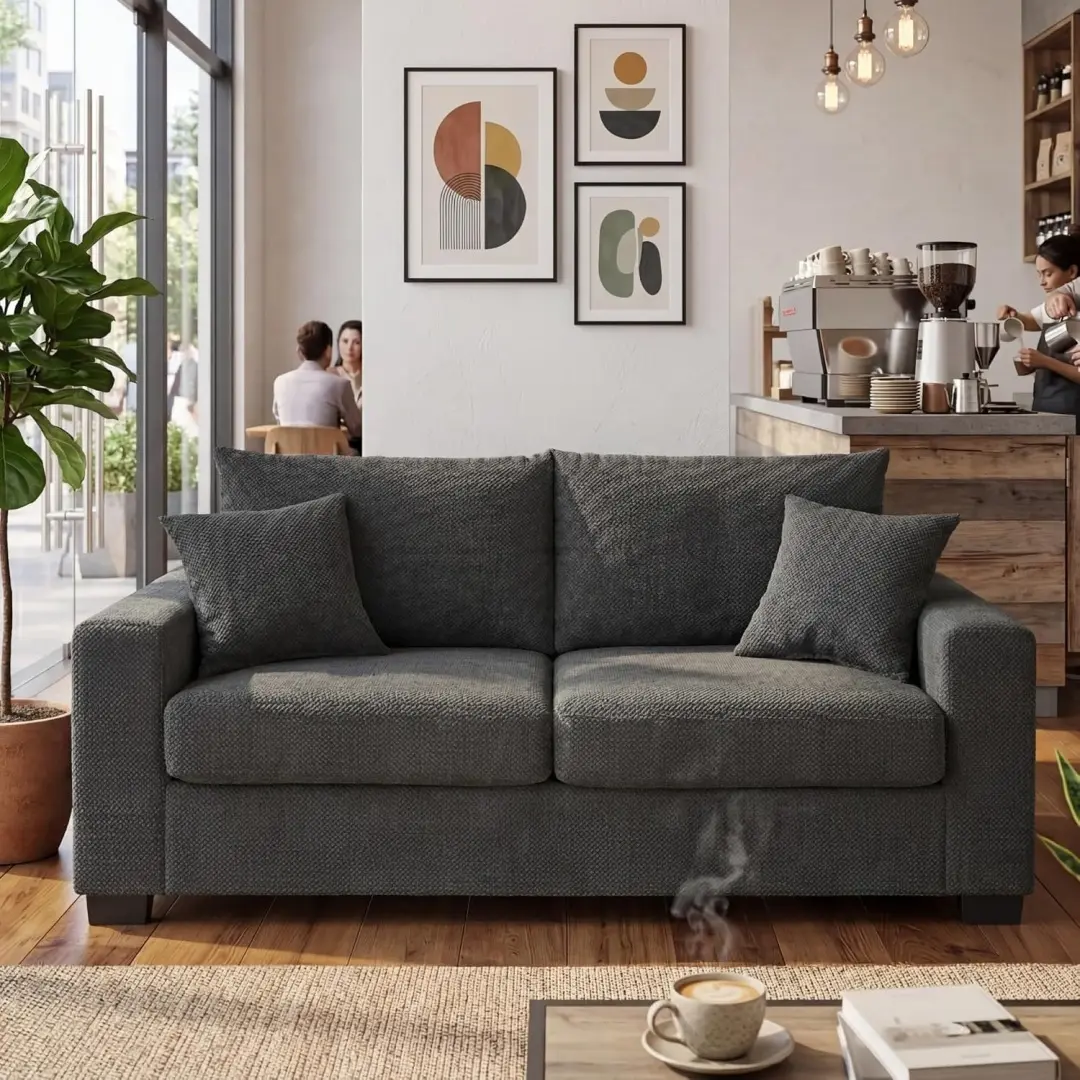 2 Seater Loveseat Sofa, 69" Chenille Comfortable Upholstered Small Couch with 2 Throw Pillows for Living Room, Apartment, Office (Dark Grey)