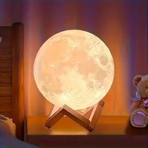 3 Color LED Moon Lamp with Wooden Base, Adjustable Brightness, USB Charging, Indoor Decorative Night Light for Bedroom, Christmas Gift