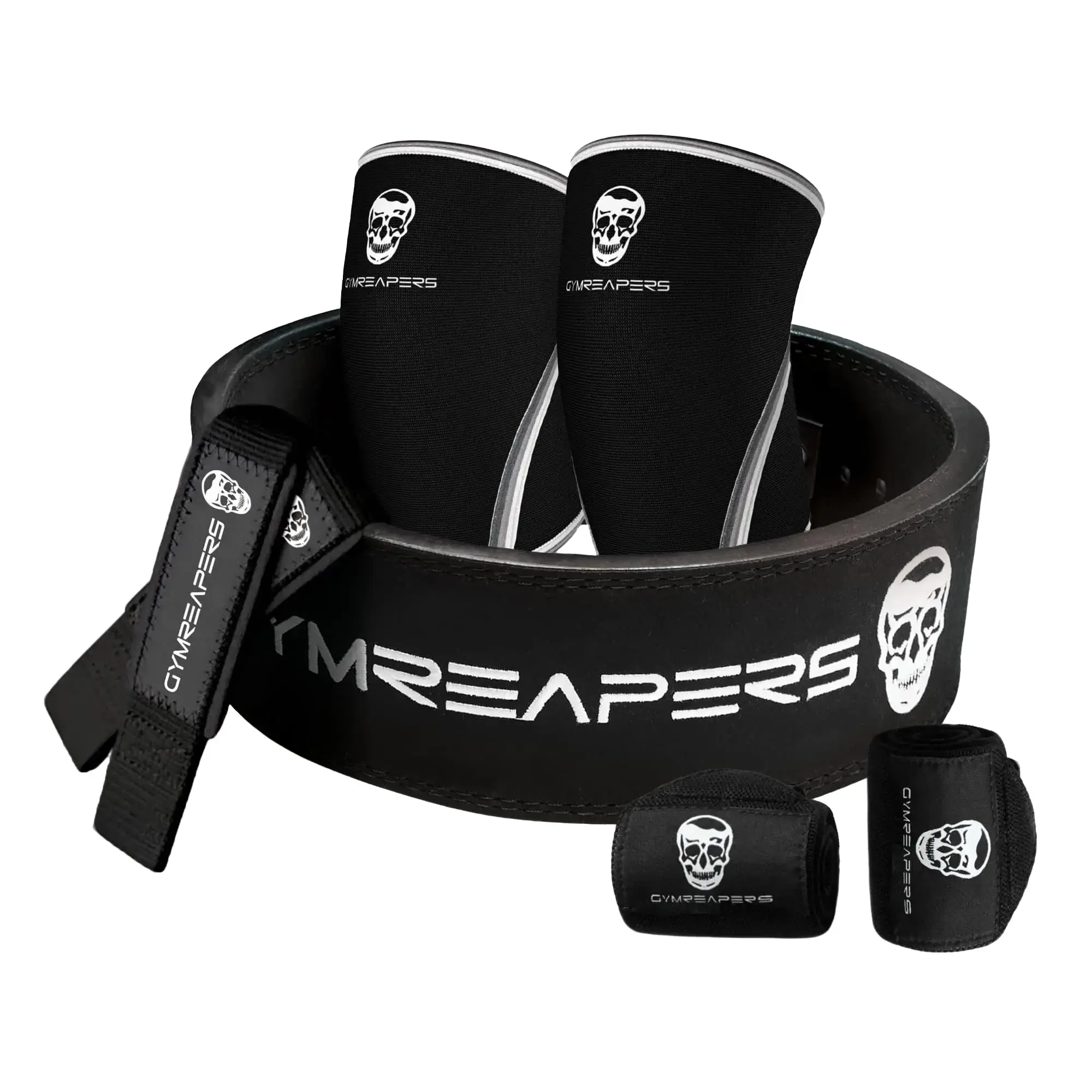 Gymreapers Strength Kit – 10MM Lever Belt, 7MM Knee Sleeves, 18" Wrist Wraps & Padded Lifting Straps Bundle Gymreapers Strength Kit – 10MM Lever Belt, 7MM Knee Sleeves, 18" Wrist Wraps & Padded Lifting Straps Bundle