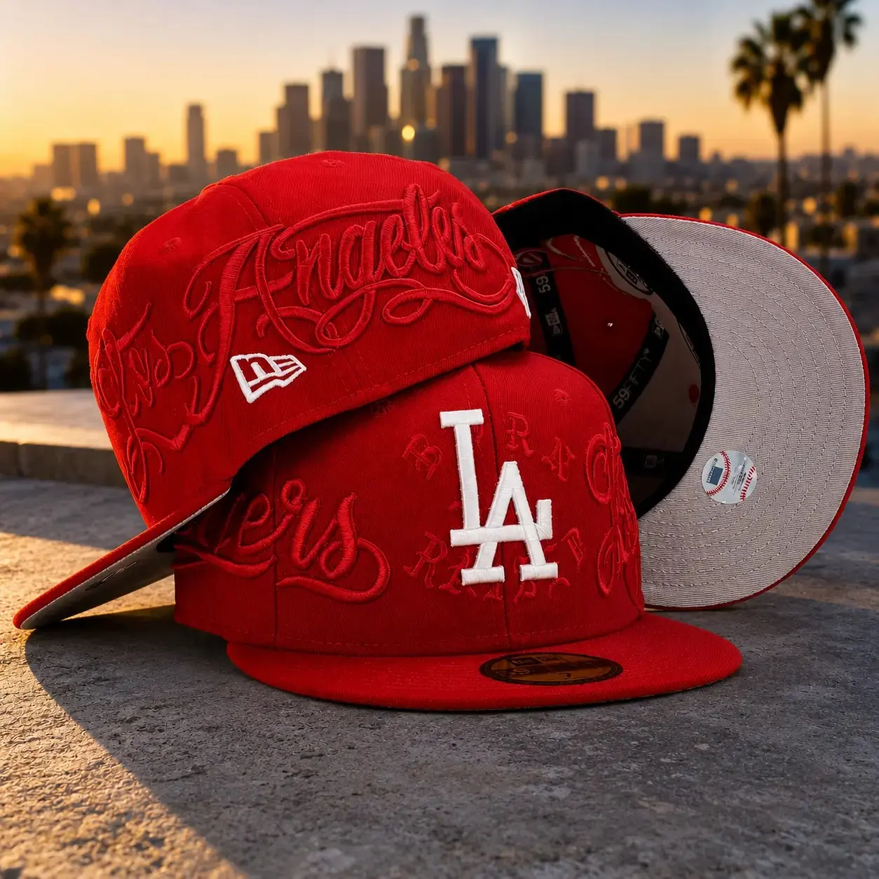 [Hot 2026] Los Angeles Red Baseball Cap – LA Embroidered 59FIFTY Flat Brim Fitted Hat