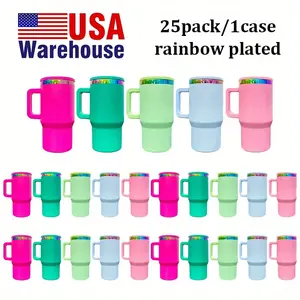 25Pack 20oz Rainbow Plated Macaron Tumbler with Handle & Flip Straw Laser Engraving Leak-Proof Stainless Steel Vacuum Insulated Travel Mug