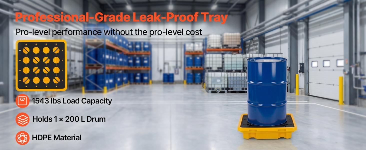 VEVOR Spill Containment Pallet, 1 Drum Low Profile Spill Containment Modular Platform, 11.4 Gallon Sump, 1543 lbs Load Capacity, Heavy-Duty Polyethylene Tray with Drain, 26.4" x 26.6" x 5.9", Yellow#BackToSchool