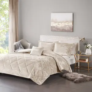 Intelligent Design Felicia Velvet Duvet Cover Set with Throw Pillow - King/California King Size, Champagne, 104x90x0.13in Bed Comforter Set (ID12-2405)