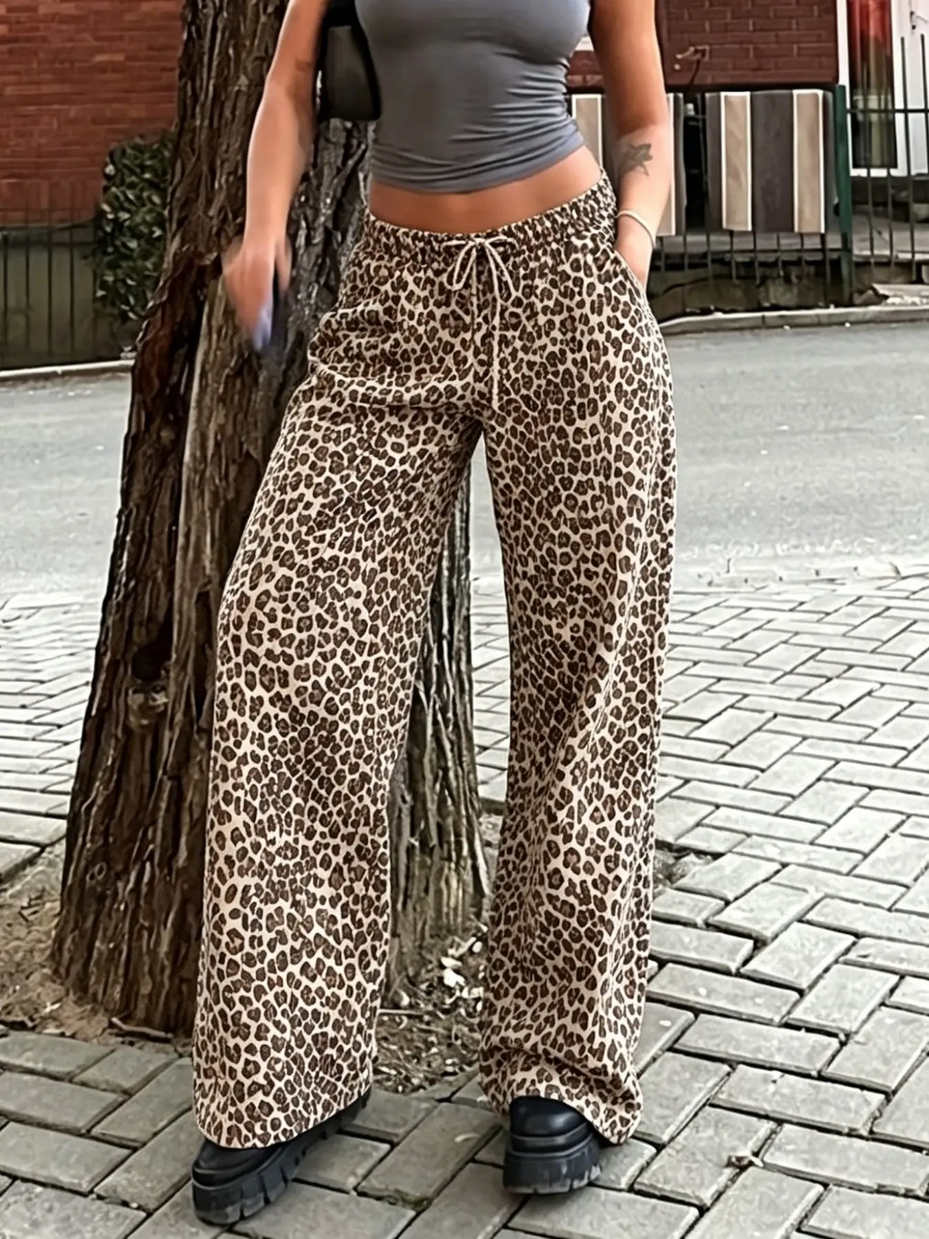 Y2K Women's American Vintage Wild Leopard Wide Leg Casual Trousers Pants, Drawstring, Sexy Bad Girl Style, Loose Comfort Fit, Perfect for Daily Home and Street Wear
