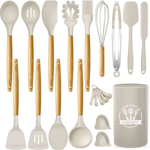 Silicone Cooking Utensils Kitchen Utensil Set, 21 PCS Wooden Handle Nontoxic BPA Free Silicone Spoon Spatula Turner Tongs Kitchen Gadgets Utensil Set for Nonstick Cookware with Holder (Khaki) Oven Pasta