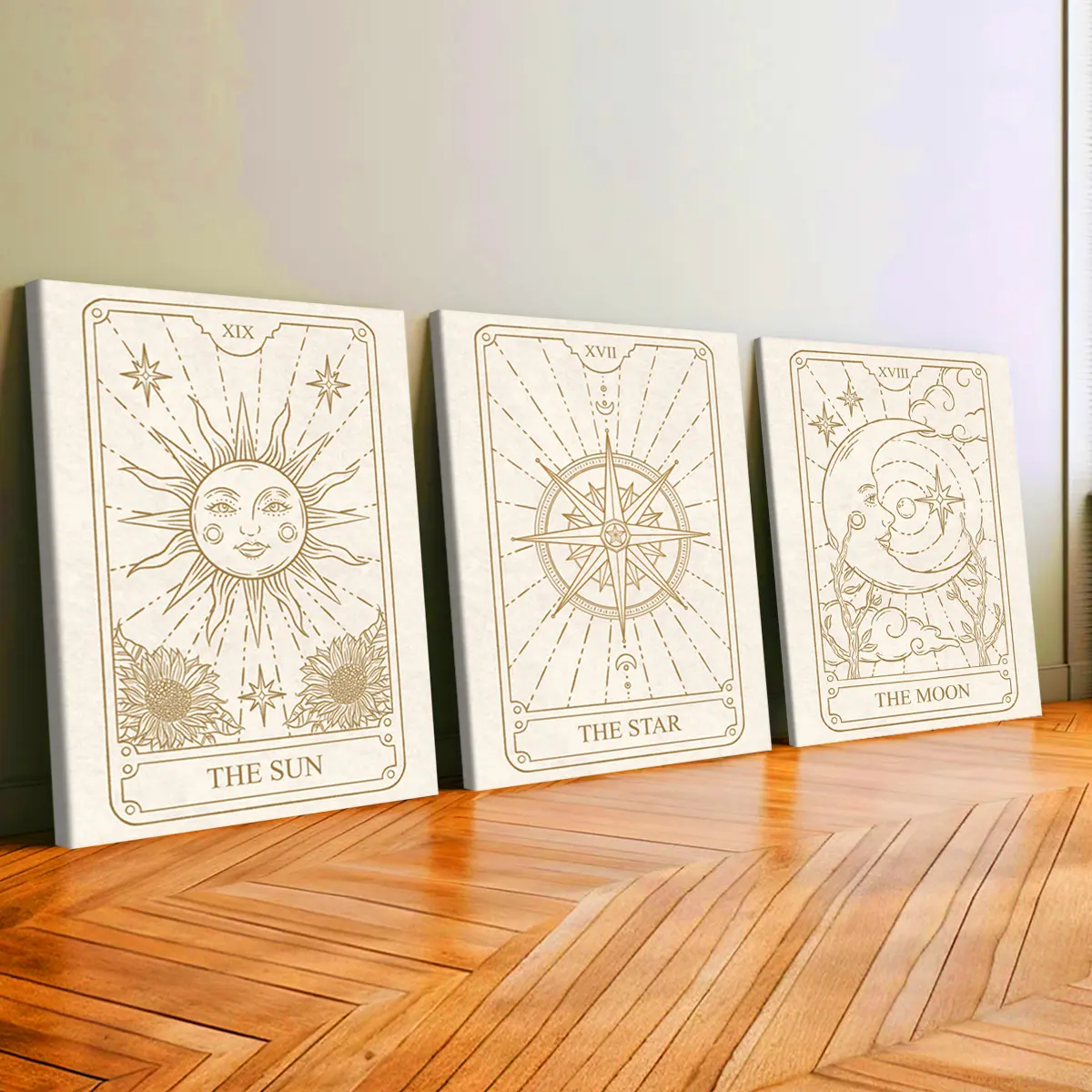 Artistic 3-Pcs Pine Wood Framed Canvas Print Set, Golden Tarot Sun-Star-Moon Card Images, Waterproof Odorless Wall Art, Home Supplies for Living Room, Kid Room