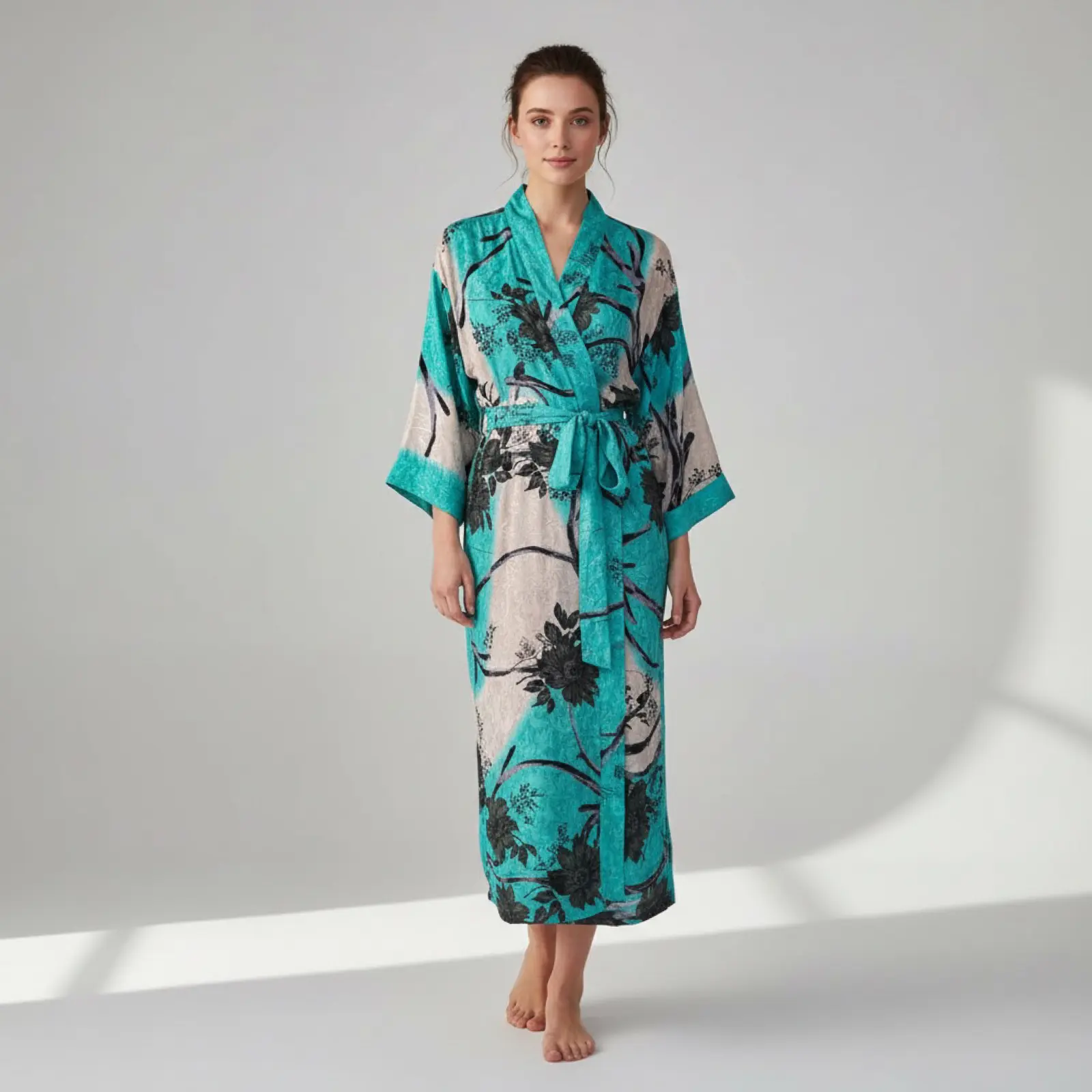 Recycled Silk Vintage Kimono - Aqua Blue, White and Dusty Black