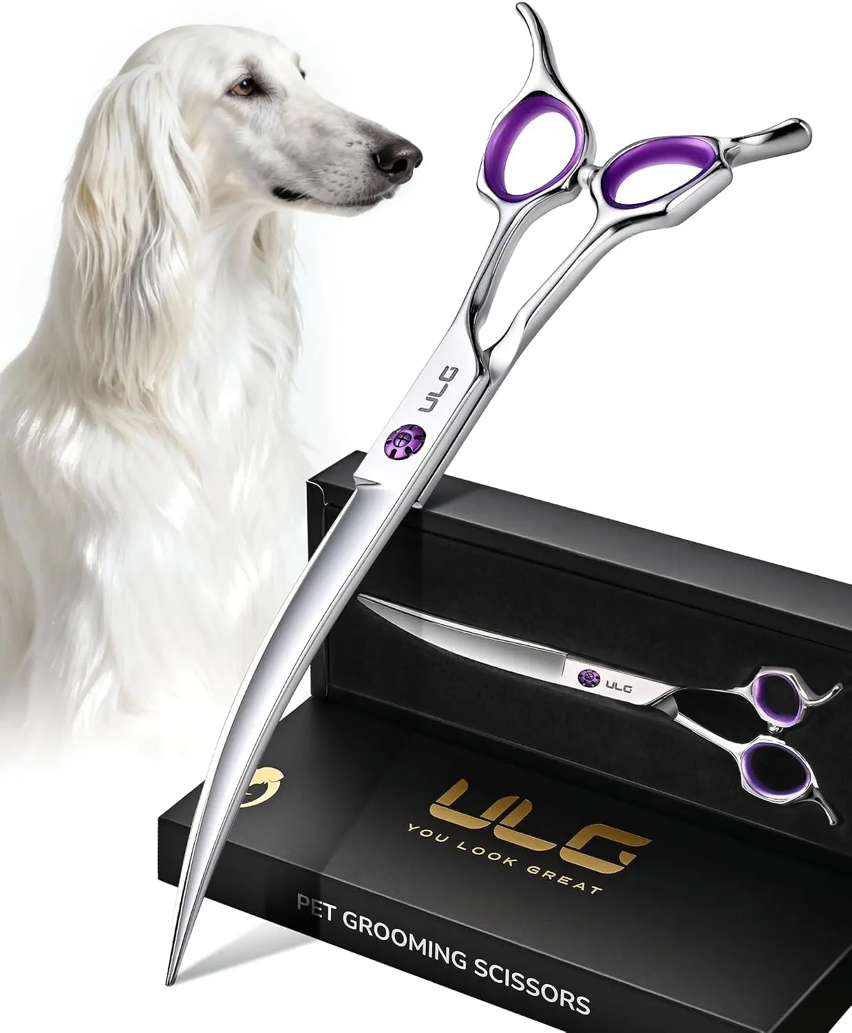 ULG 30° Curved Dog Grooming Scissors 440C Stainless Steel, 7.5" Professional Pet Grooming Shears with Reversible Butterfly Handles, Dog Scissors for Grooming Face, Eyes, Paws & Body