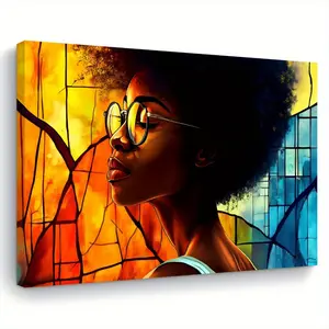 1 Piece Modern African American Woman Portrait Canvas Painting - Warm Brown, Gold, Black, Orange, Blue, Turquoise, Yellow, Red, Green, Gray, Beige - Wooden Frame Wall Decoration, Suitable for Living Room, Bedroom, Office - Directly Hangable Housewarming G
