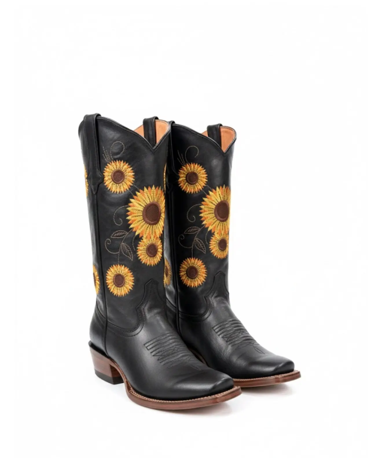 Women's Chic Western Boots with Vintage Sunflower Embroidery, Lightweight Black Casual Footwear for Summer
