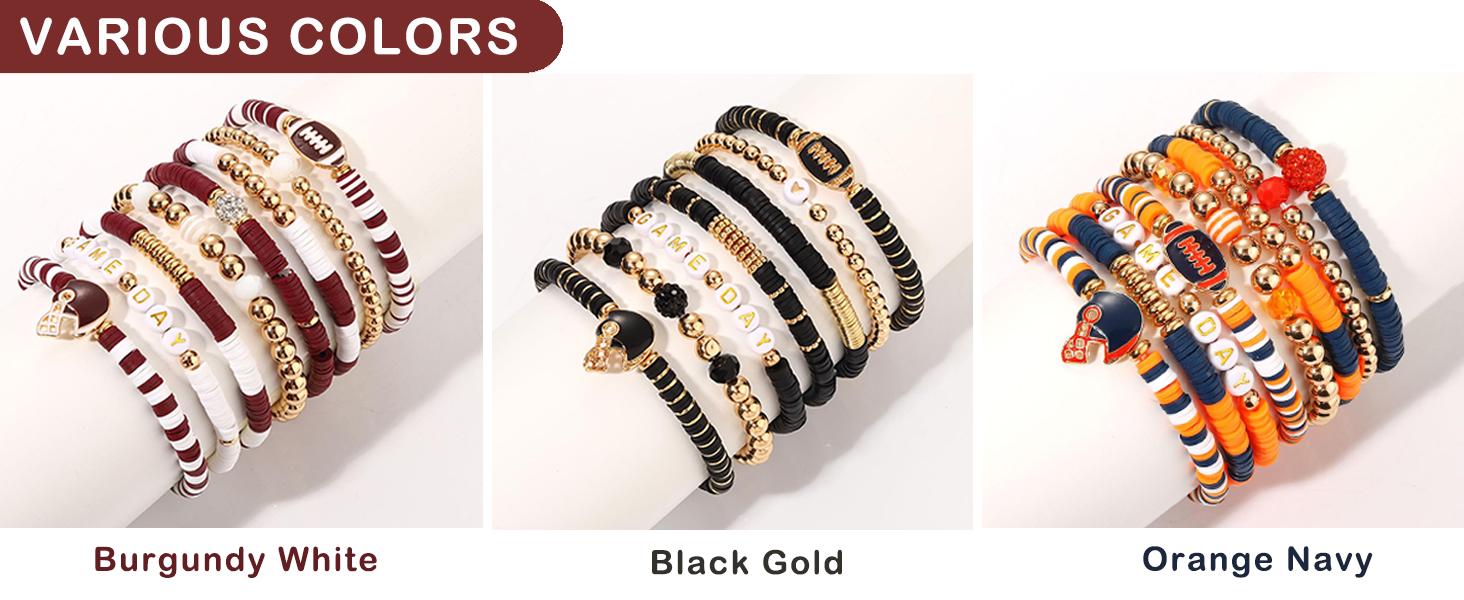 Game Day Bracelets for Women - Red, Black, Blue Heishi Clay Beaded Stretch Bracelets - Stackable Sports Charm Bracelet Bangles - Football Mom Accessories & Outfits Jewelry Gifts