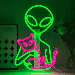 Dimmable Alien & Cat Neon Sign - Brightness, Ambiance, Atmospheric, Cableless, Desktop Light Signs, Green LED Indoor Lighting for Game Room, Kids Gift, Brightness Light Signs