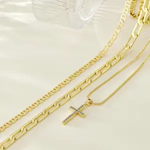 Fashionable Multi-Layered Gold Chain Necklace with Cross”