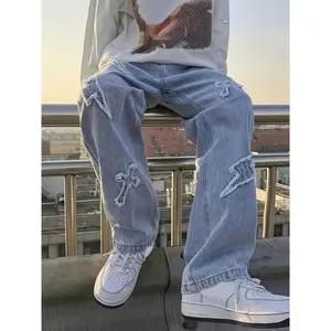 Men's Distressed Cross & Lightning Embroidered Jeans - Casual Cotton Denim with Pockets, Machine Washable Pants Streetwear