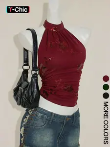 Spring Summer Must-Have Halter Neck Crop Top | 1 Piece Backless Sequin Floral Top for Women | Sexy Boho Style for Vacation Festival Beach Wear Boho Backless Camisole