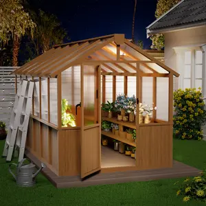 MNLR Walk-in Wooden Greenhouse (6x10, 6x12, 8x16 FT Sizes), Outdoor Home Garden Polycarbonate Panel Greenhouse with Adjustable Roof Vent for Plants