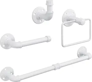 4-Pieces Industrial Pipe Bathroom Towel Ring Kit DIY Wall Mount Accessories Kit Includes Robe Hook Towel Bar and Towel Ring (White 18 inch)