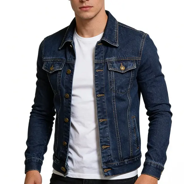 Men's Loose Fit Solid Color Denim Jacket Non-Stretch Woven Strap Collar Multi Pockets Multi Sizes Casual Menswear Coat Classic Jeans, Fabric, Long Sleeve, Outdoor, Plain, Asian