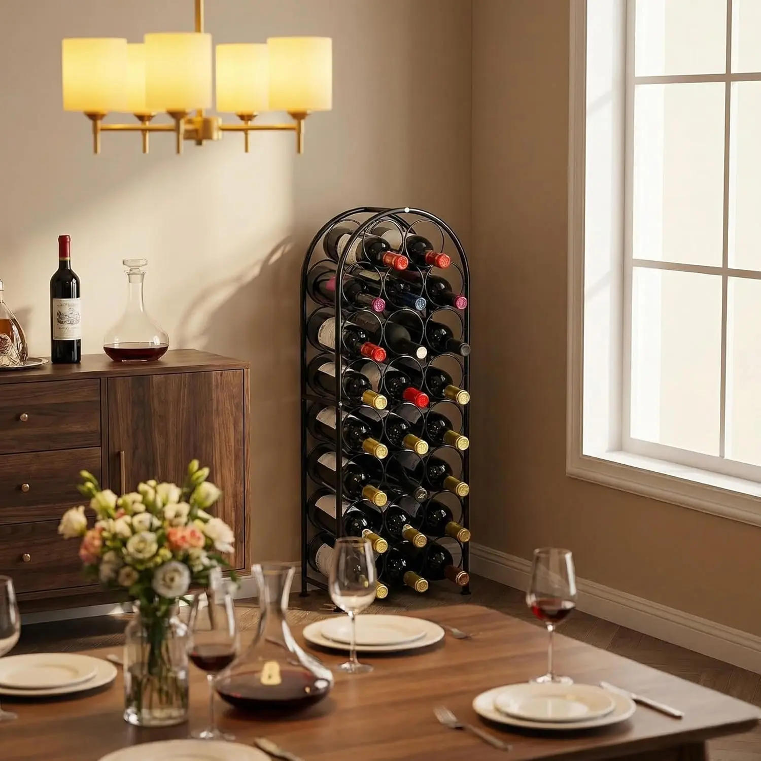 VyGrow Black Arched Design Freestanding Metal Floor Wine Rack - 23-Bottle Holder with Flat Storage Shelving, Anti-Oxidation, Complete Screw Set for Dining Room Sideboard, Wine Cellar Organization, Storage Space