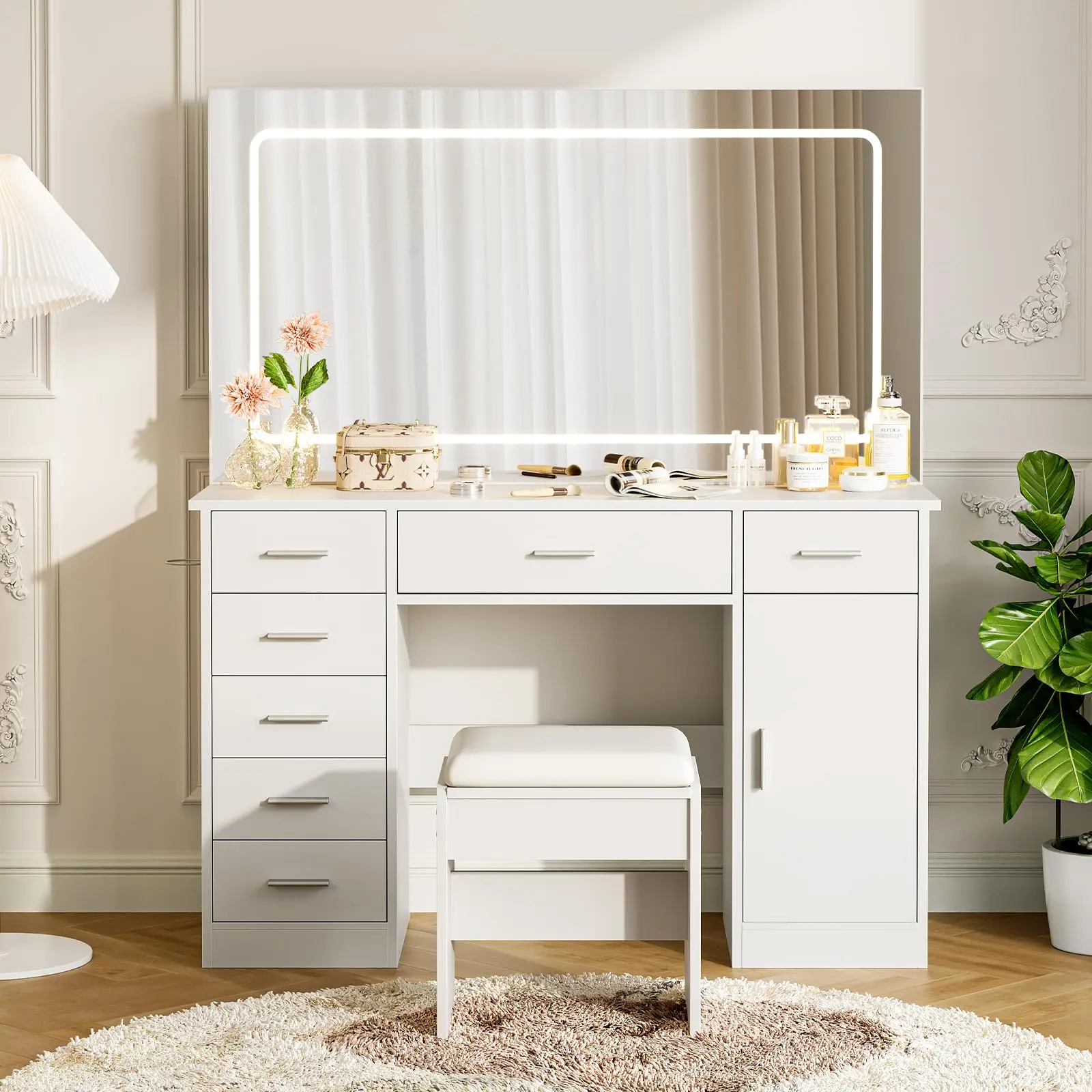 Modern Vanity Desk Set with Mirror, 7 Drawers, 3-Mode LED Lighting, Hair Dryer Holder – Makeup Dressing Table with Chair for Bedroom, Black or White