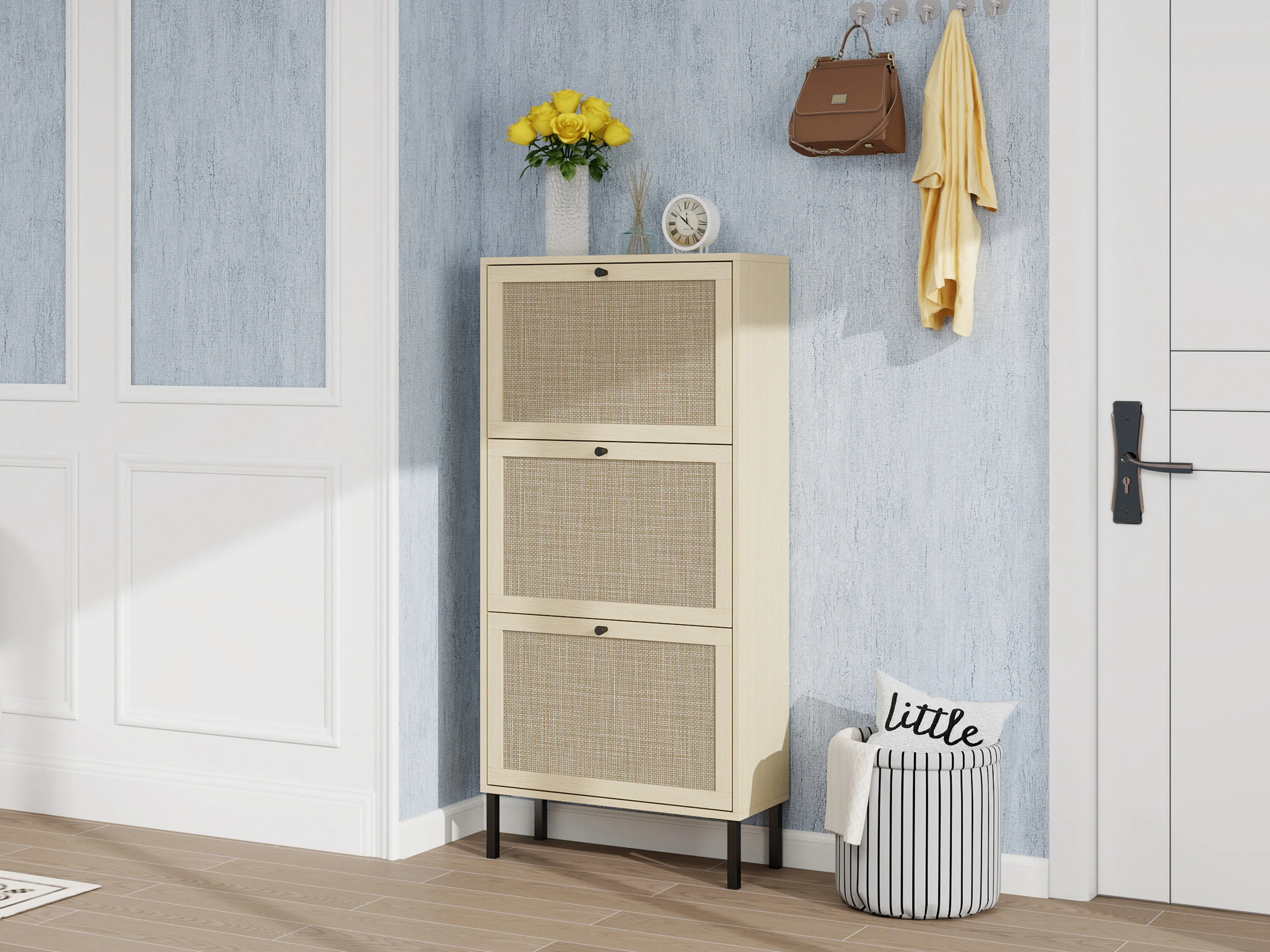 Rattan 3-Door Freestanding Modern Shoe Storage Cabinet Entryway Shoe Rack for Home Organization